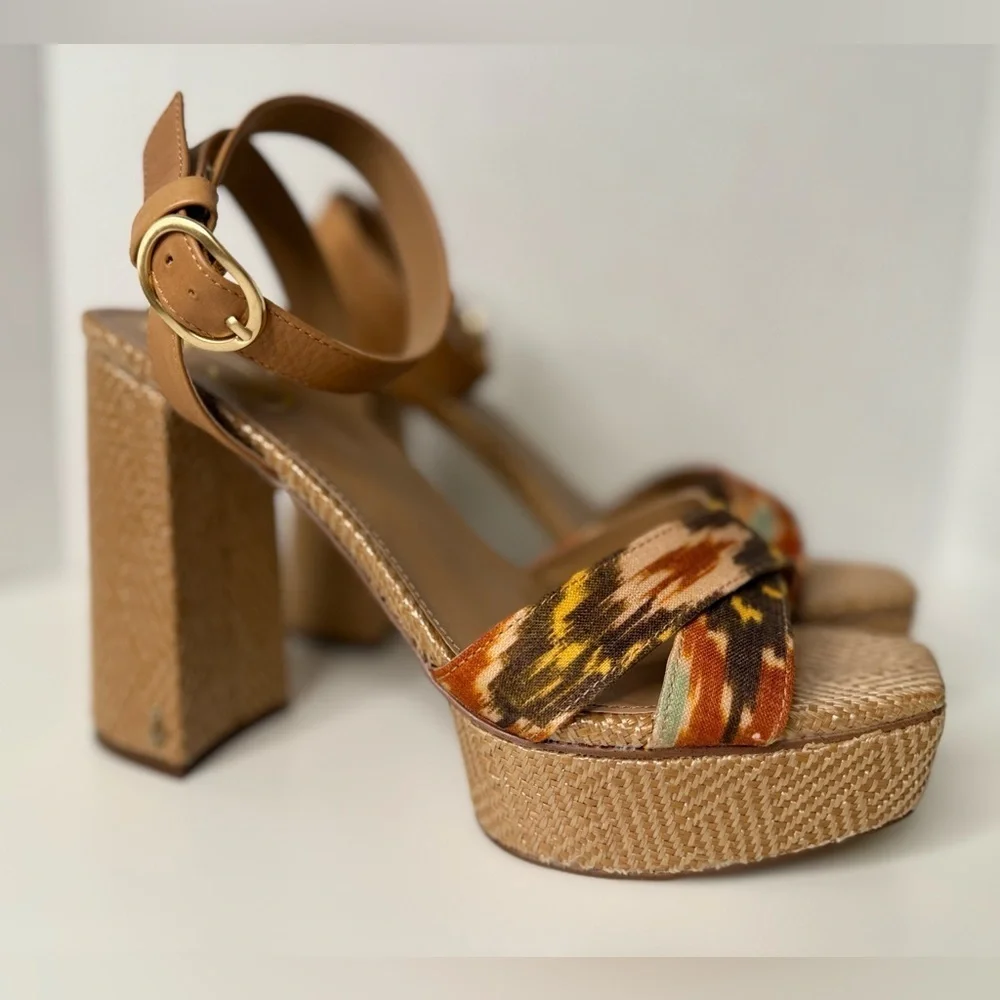 Sam Edelman Women's Nolita Raffia Platform Sandals Size 10.5M Leather Boho Print